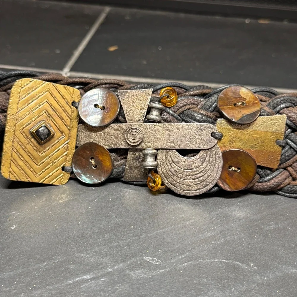 Artisan Mixed Metal Braided Belt Shell‎ Buttons Glass Beads Boho Brown Grey 35in